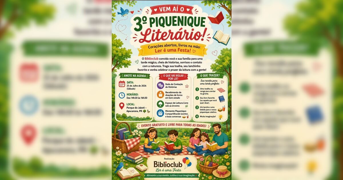 Biblioclub realiza 3º Piquenique Literário neste sábado (25) em Apucarana