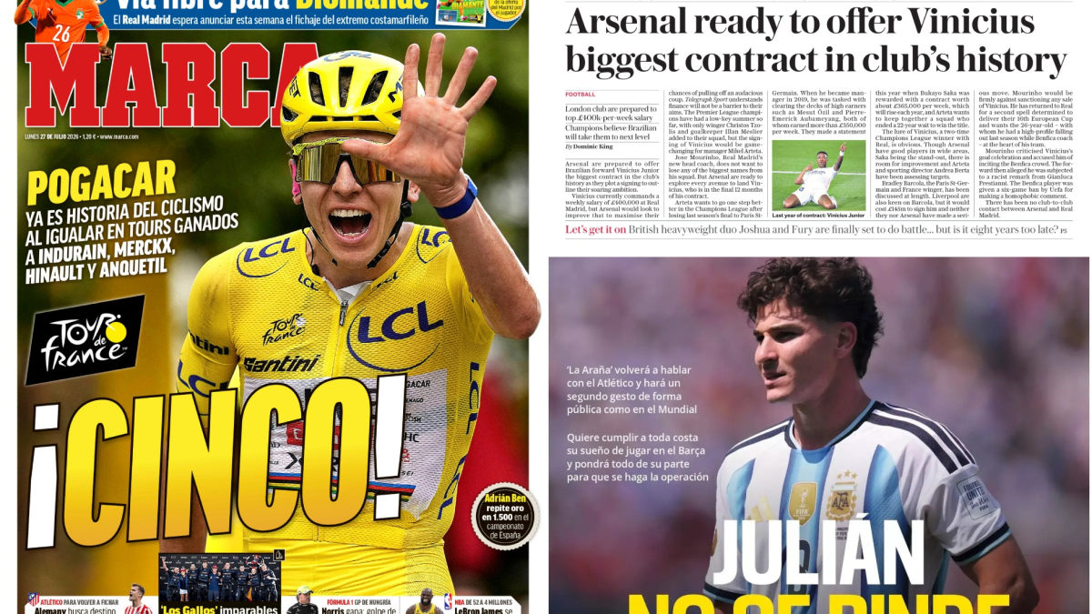 Las portadas del día: los cinco de Pogacar, la oferta que prepara el Arsenal por Vinicius…