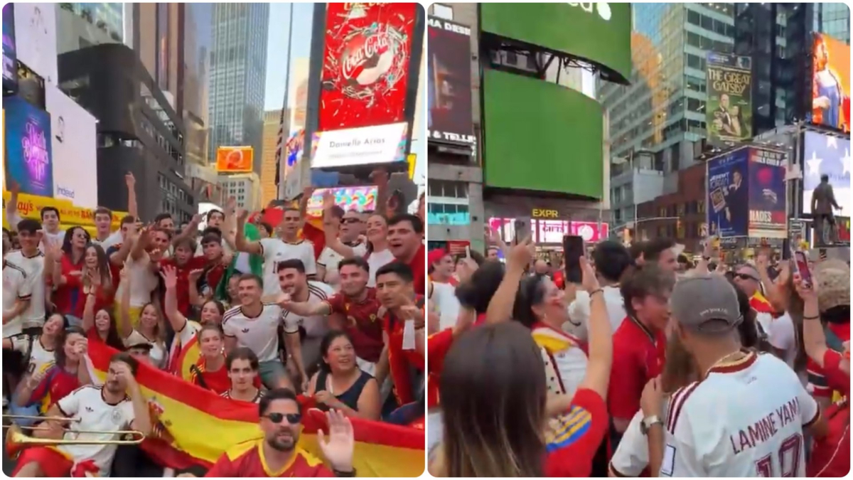 Aficionados españoles celebrando en Times Square a la víspera de la gran final del Mundial