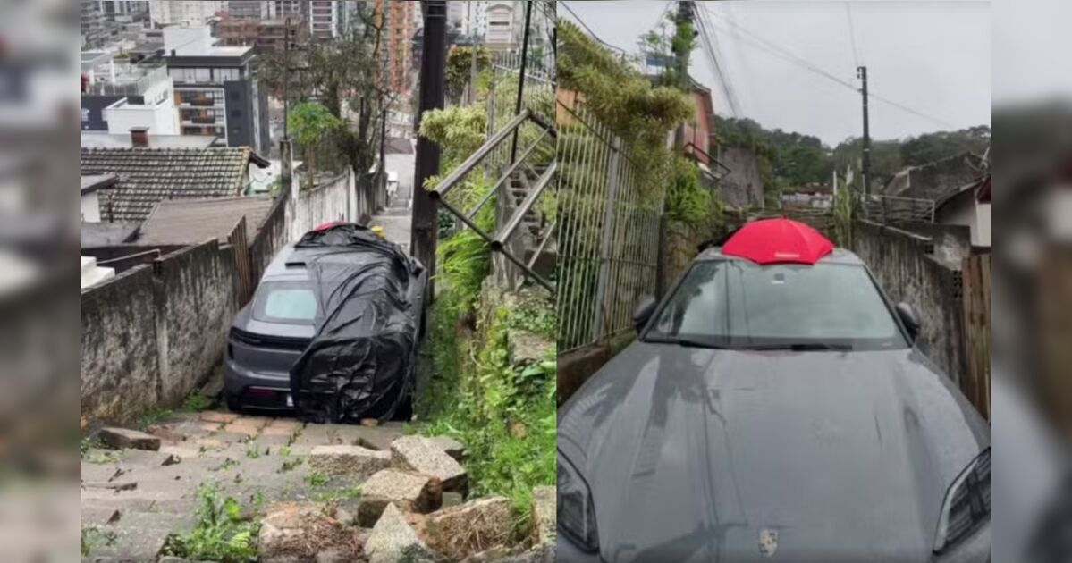 Porsche avaliado em mais de R$ 600 mil é abandonado após ficar preso em escadaria