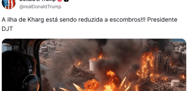Trump publica vídeo de IA simulando destruição de polo de petróleo do Irã