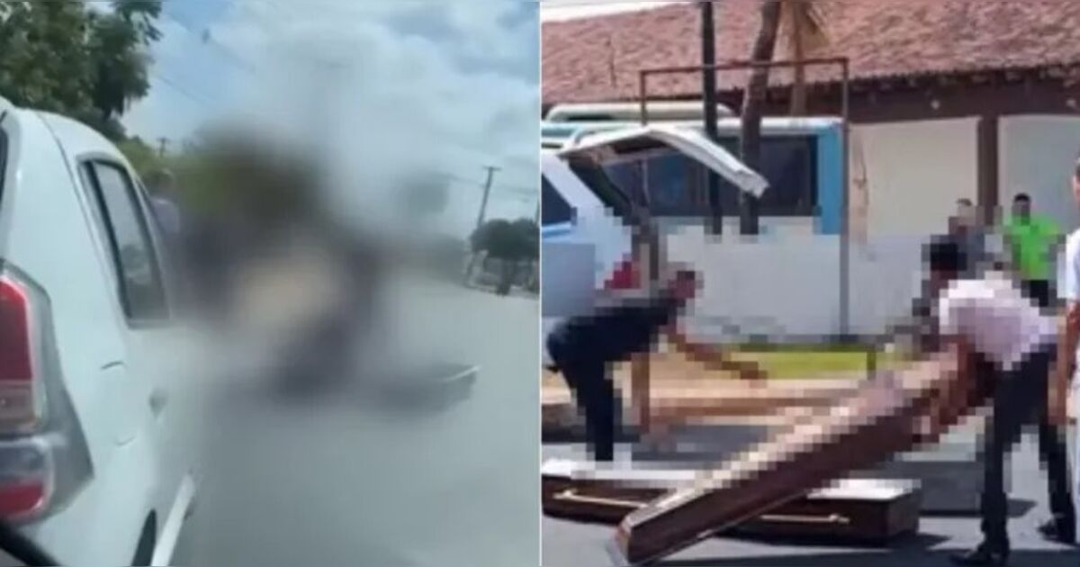 Caixão cai de carro funerário a caminho do IML e fica no meio da ru